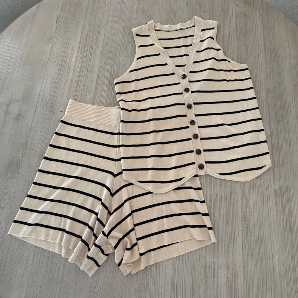 2 Piece Outfit, Casual Knit Sleeveless Button Down Top & Matching Shorts Set